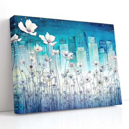 Dreamlike Cityscape with Tiny White Flowers - Canvas Print - Artoholica Ready to Hang Canvas Print