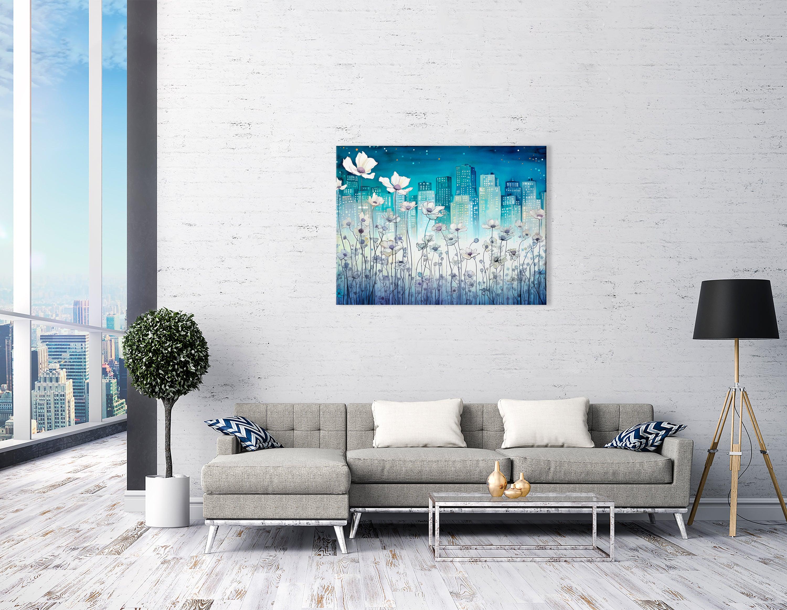 Dreamlike Cityscape with Tiny White Flowers - Canvas Print - Artoholica Ready to Hang Canvas Print