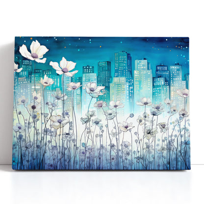 Dreamlike Cityscape with Tiny White Flowers - Canvas Print - Artoholica Ready to Hang Canvas Print