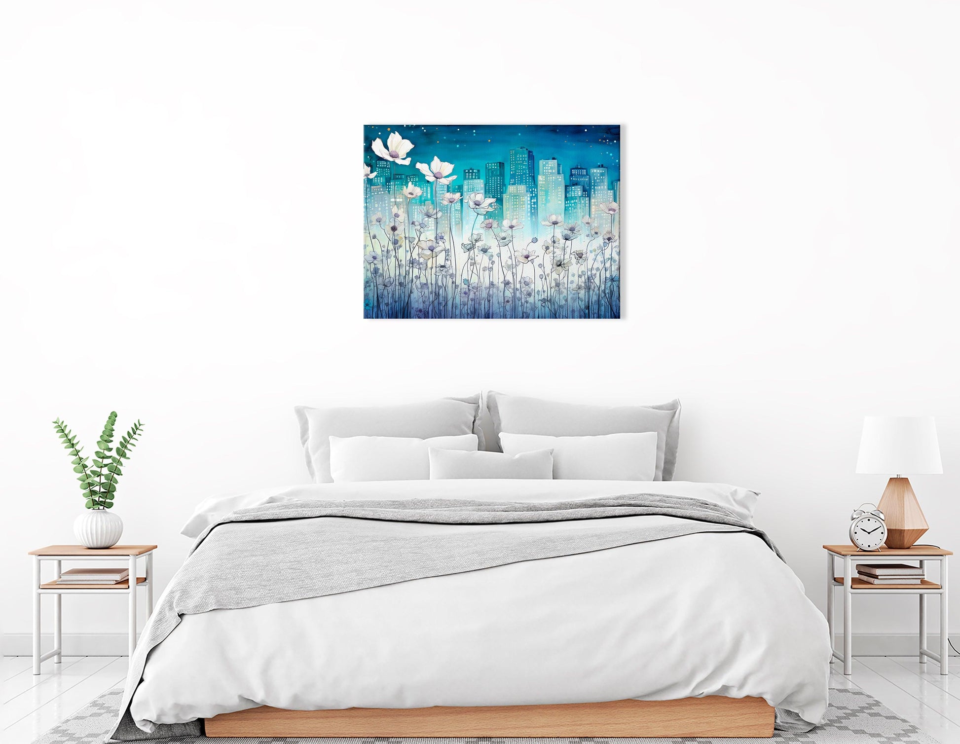 Dreamlike Cityscape with Tiny White Flowers - Canvas Print - Artoholica Ready to Hang Canvas Print