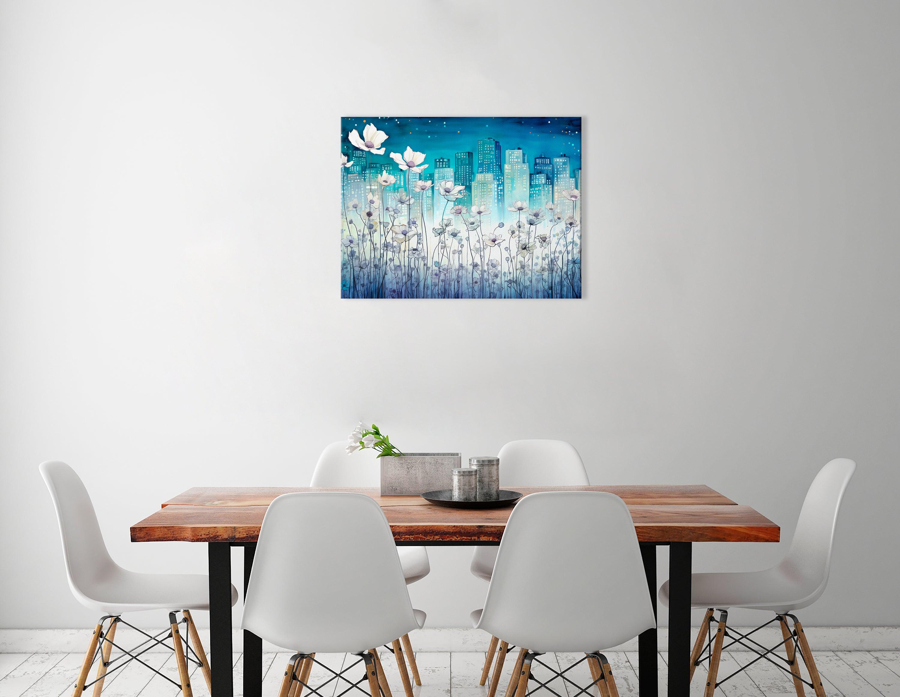 Dreamlike Cityscape with Tiny White Flowers - Canvas Print - Artoholica Ready to Hang Canvas Print