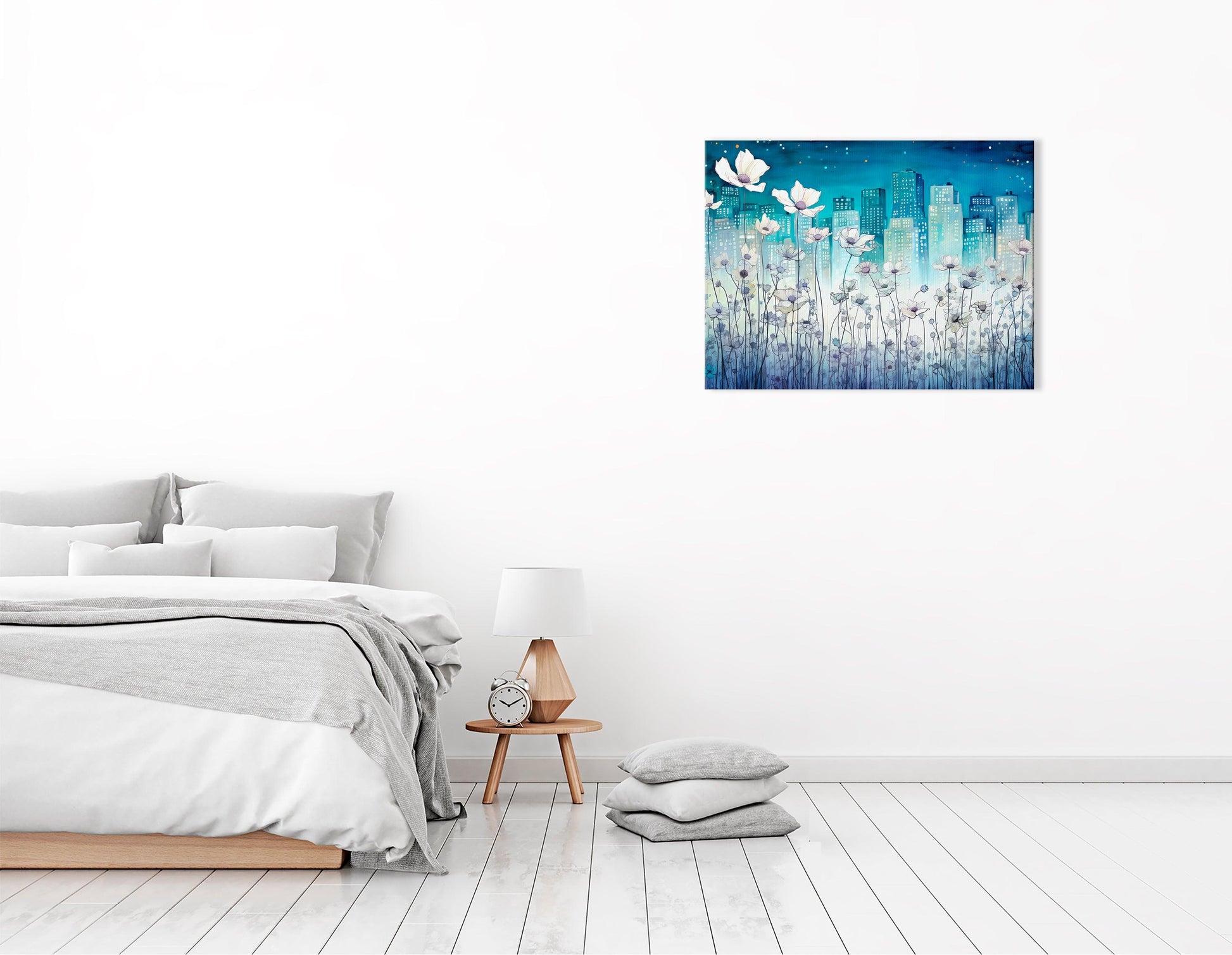 Dreamlike Cityscape with Tiny White Flowers - Canvas Print - Artoholica Ready to Hang Canvas Print