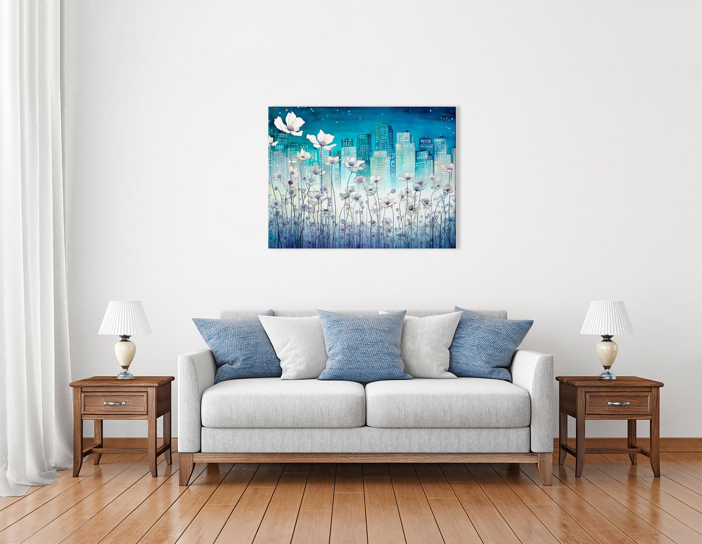 Dreamlike Cityscape with Tiny White Flowers - Canvas Print - Artoholica Ready to Hang Canvas Print