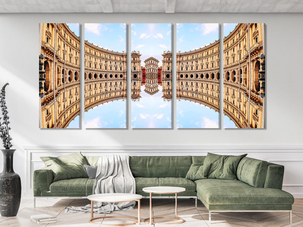 Arte em tela da Itália - Decoração de parede de Roma, Impressão em tela da Piazza della Repubblica, Arte de parede da arquitetura de Roma, Grande obra de arte de 5 painéis de marco italiano