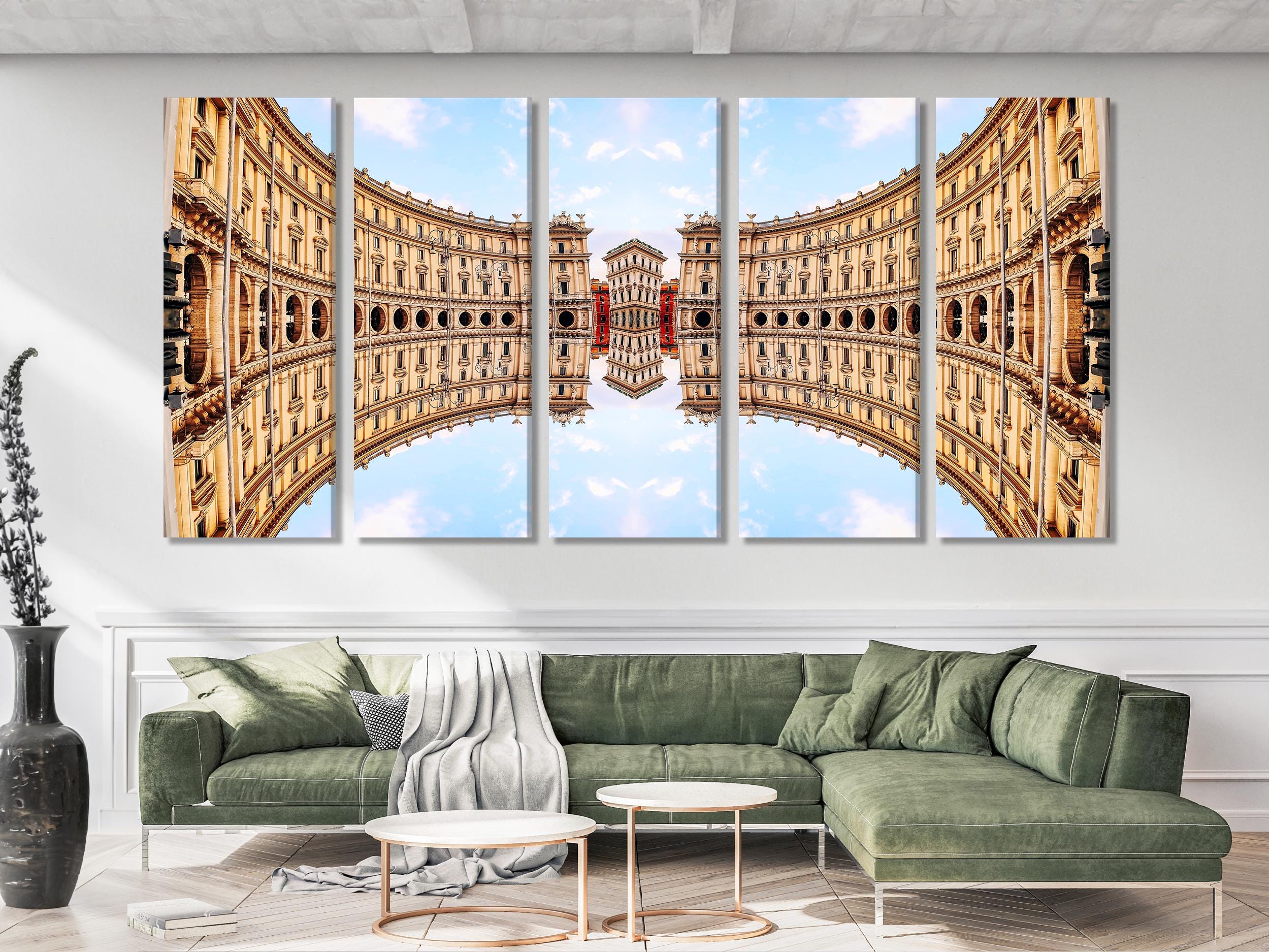 Arte em tela da Itália - Decoração de parede de Roma, Impressão em tela da Piazza della Repubblica, Arte de parede da arquitetura de Roma, Grande obra de arte de 5 painéis de marco italiano