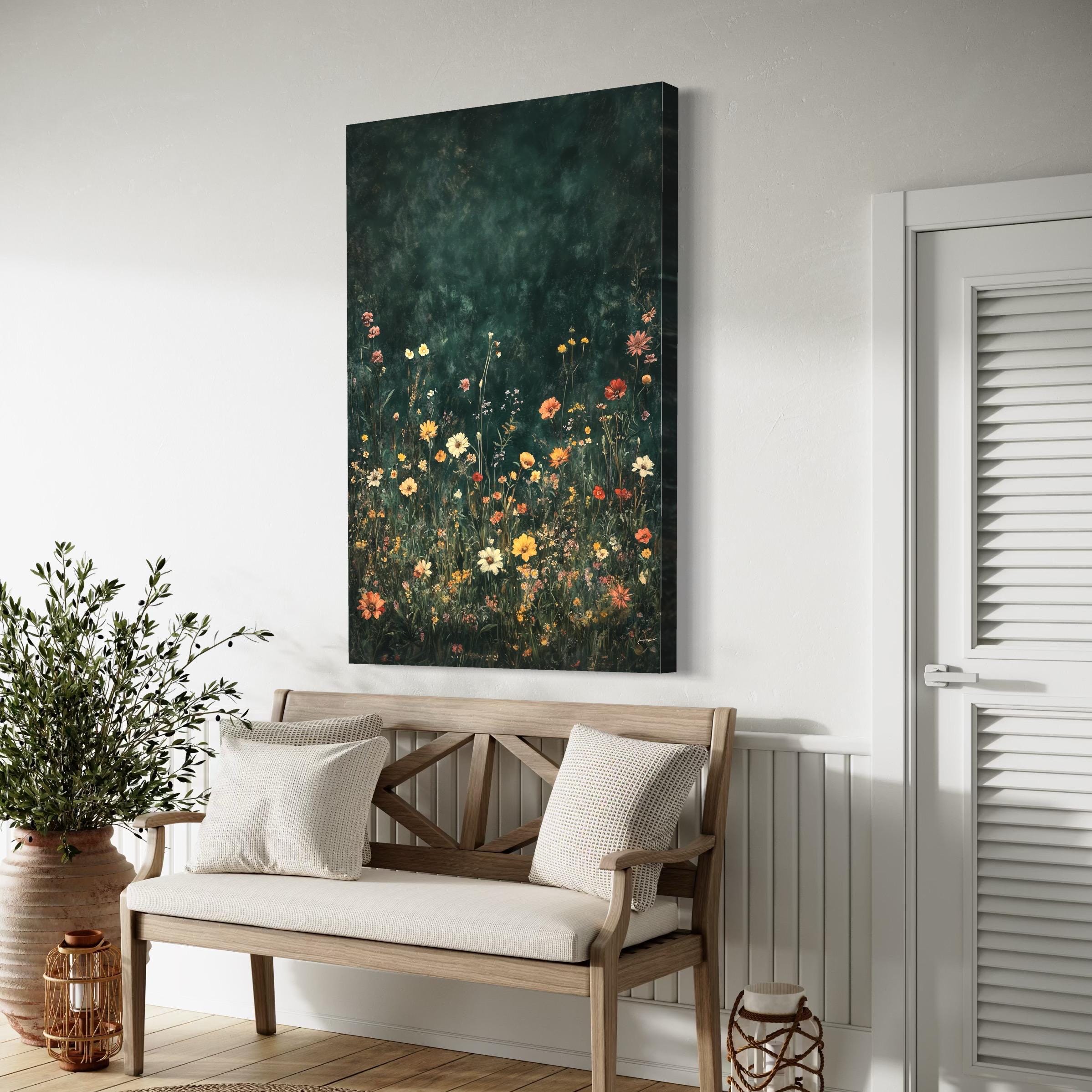 Art mural champ de fleurs sauvages - Art sur toile botanique vintage, Décor floral rustique, Déco murale de ferme moderne, Impression sur toile champ de fleurs