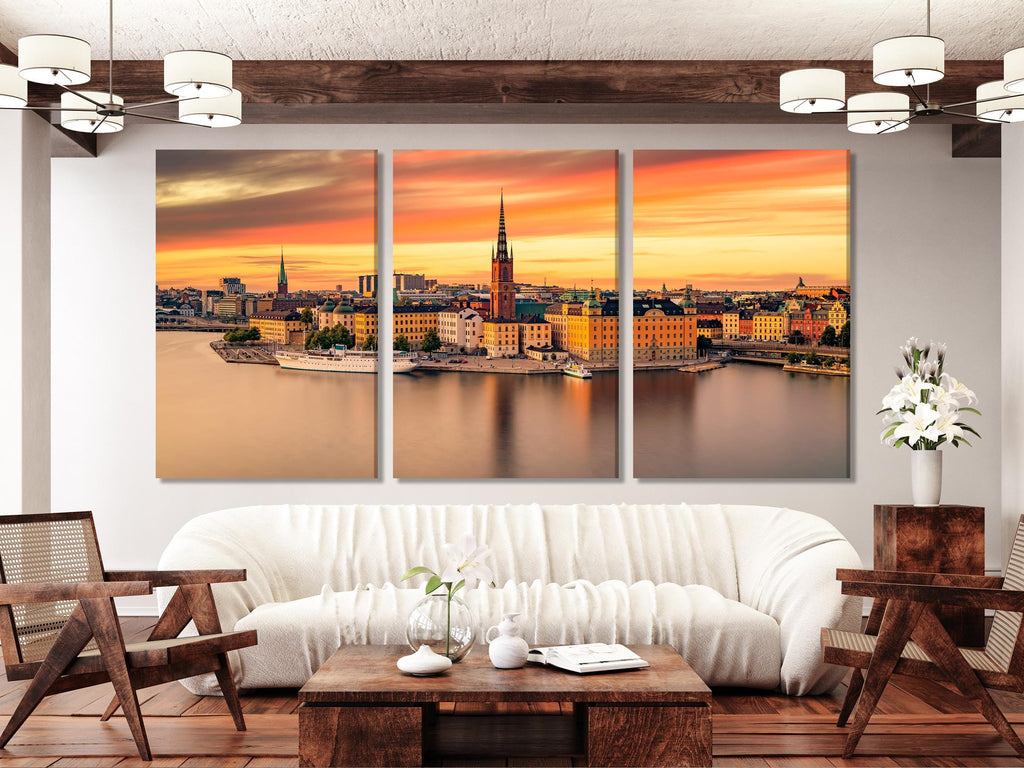 Gamla Stan Canvas Print, Stockholm Old Town Wall Art, Extra Large Sunset Cityscape Art, Swedish Office Decor, Historic Architecture Artwork