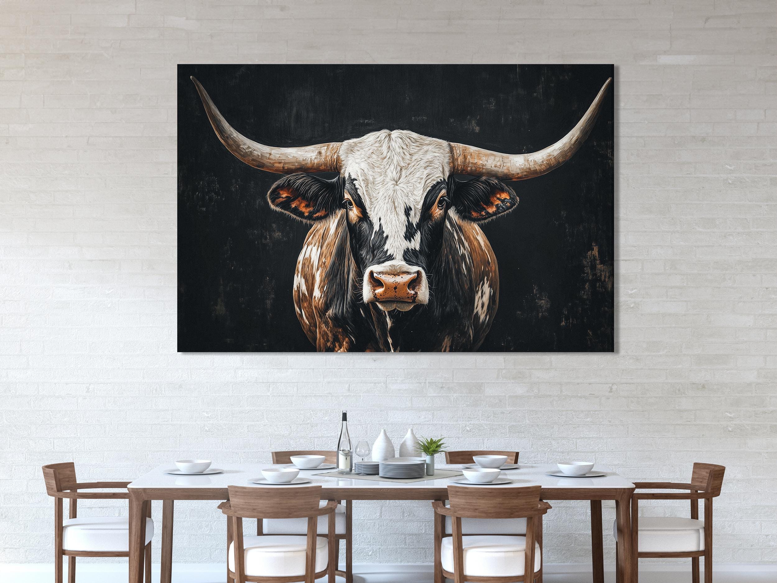 Texas Longhorn Cow Wall Art - Farmhouse Wall Decor, Extra Large Wall Art, Longhorn Cow Print, Rustic Bull Painting Longhorn Cow Canvas Print
