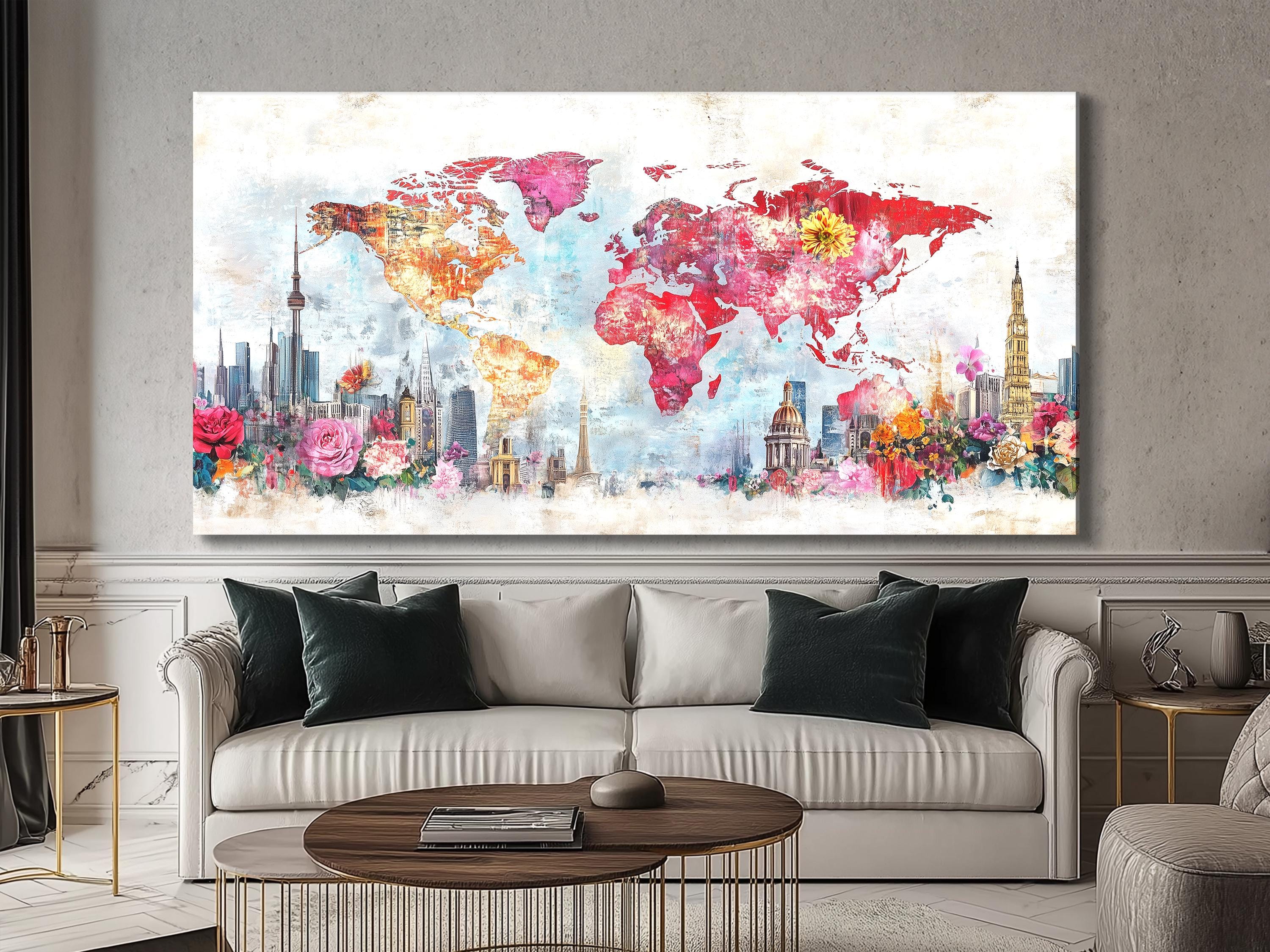 Mappa del mondo con fiori colorati, tela, paesaggio urbano astratto, arte murale, mappa di viaggio floreale, dipinto, arredamento moderno per interni di casa, skyline