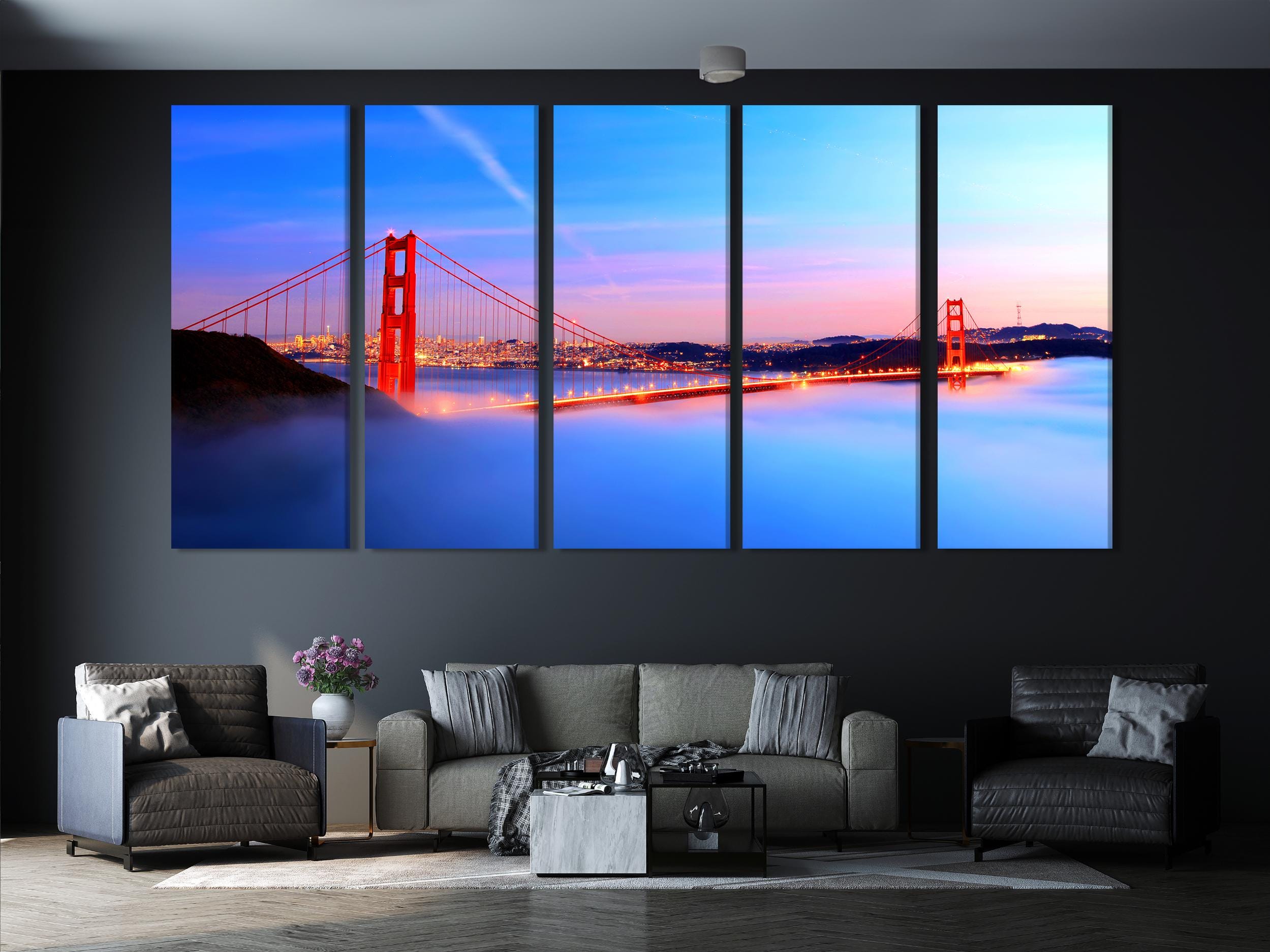 Modern fog-kissed bridge painting highlighting the panoramic San Francisco bay at twilight, transformed into an eye-catching wall art piece for architectural-inspired artwork displays.