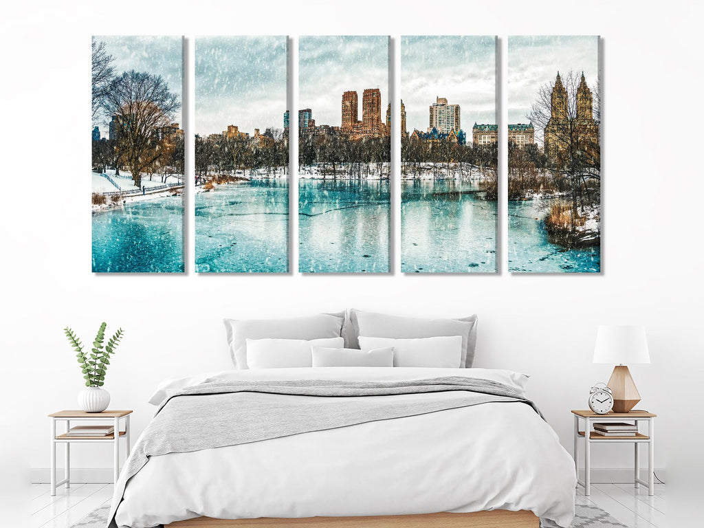 Winter in Central Park Canvas Print, Snowy New York City Landscape Art, Frozen Lake Art, Large Manhattan Wall Decor NYC Skyline Winter Print