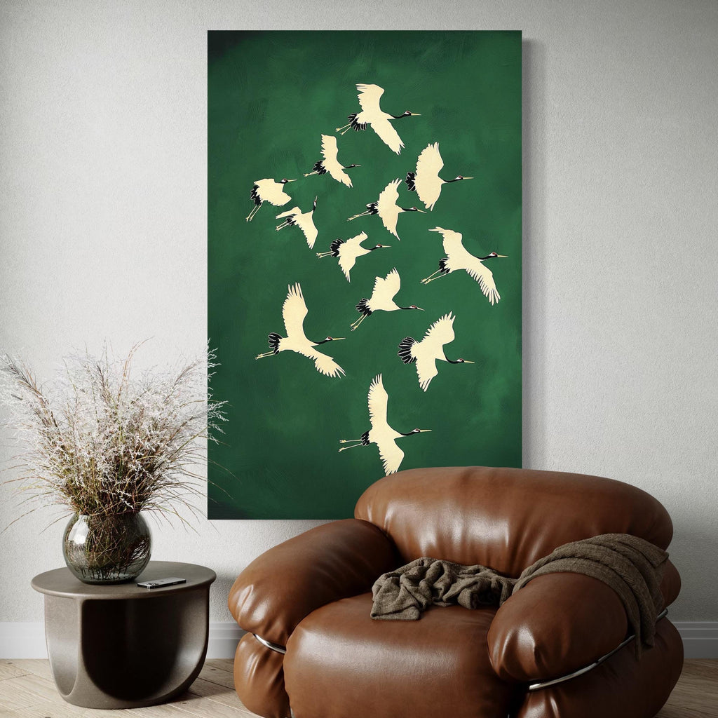 Green and Gold Japanese Wall Art Cranes Japanese Print Emerald Green Decor Birds Maximalist Wall Art Eclectic Decor Large Wall Art