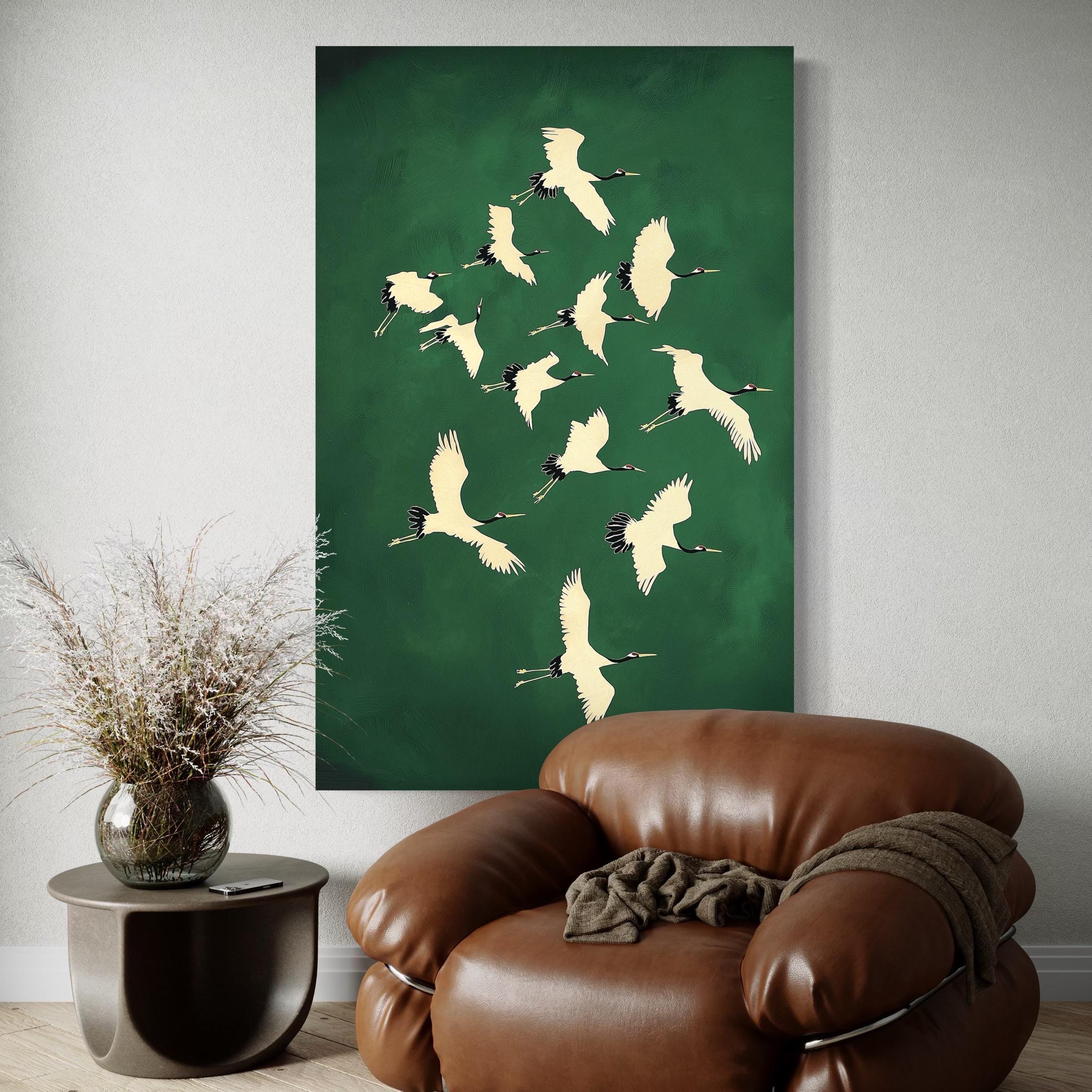 Green and Gold Japanese Wall Art Cranes Japanese Print Emerald Green Decor Birds Maximalist Wall Art Eclectic Decor Large Wall Art