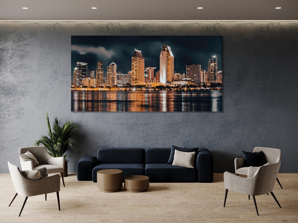 San Diego Skyline Canvas Print – Large Night Cityscape Wall Art, Downtown Waterfront View, Modern Urban Decor for Living Room or Office