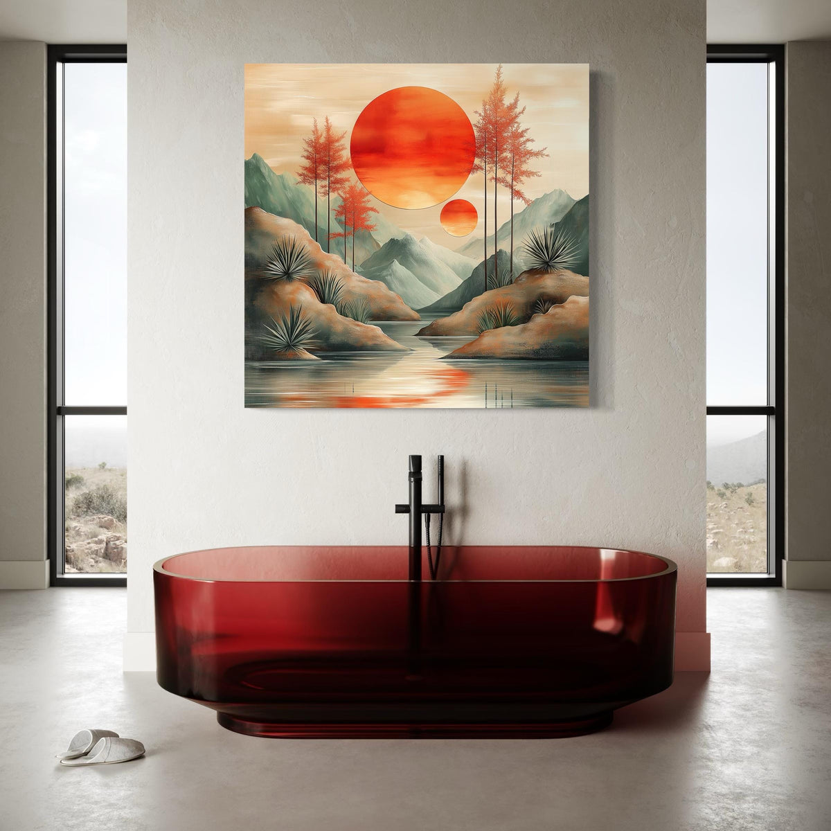 Minimalist Boho Mountain – Sunset Canvas Muted earthy abstract mountain canvas