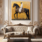 Arabic Wall Art - Black Stallion Canvas Art, Middle Eastern Horseman Painting, Luxury Arab Horse Decor, Gold Islamic Artwork, Horse Wall Art