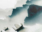 Foggy Mountains Wall Art - Chinese Junk Boats Canvas Print, Large 5 Panel Asian Landscape, Serene Water Scene Artwork, Tranquil Nature Decor