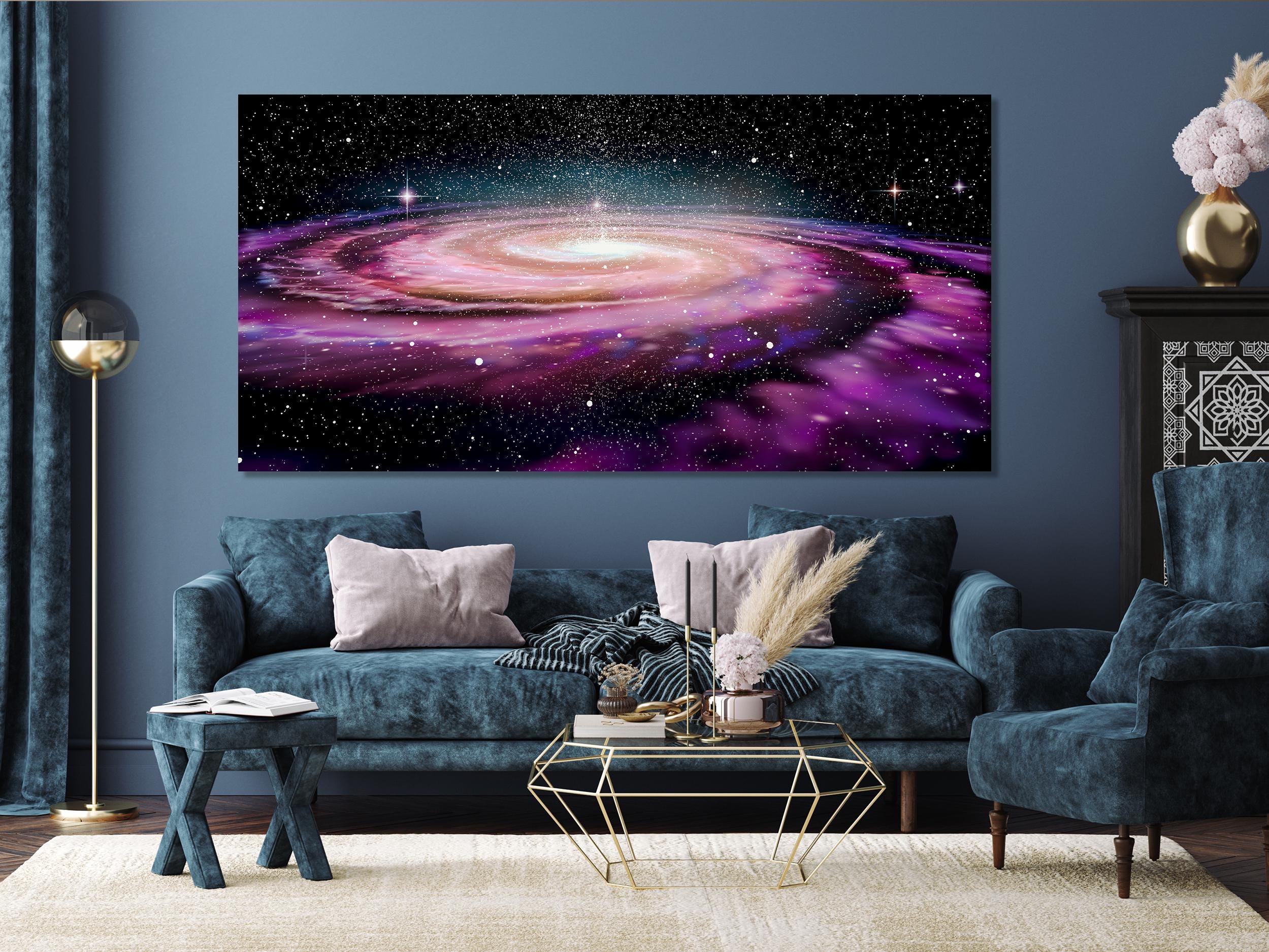 Impression sur toile de la Voie Lactée, grande œuvre murale spatiale, décor de nébuleuse cosmique violette, ciel nocturne étoilé, scène de galaxie dans l’univers