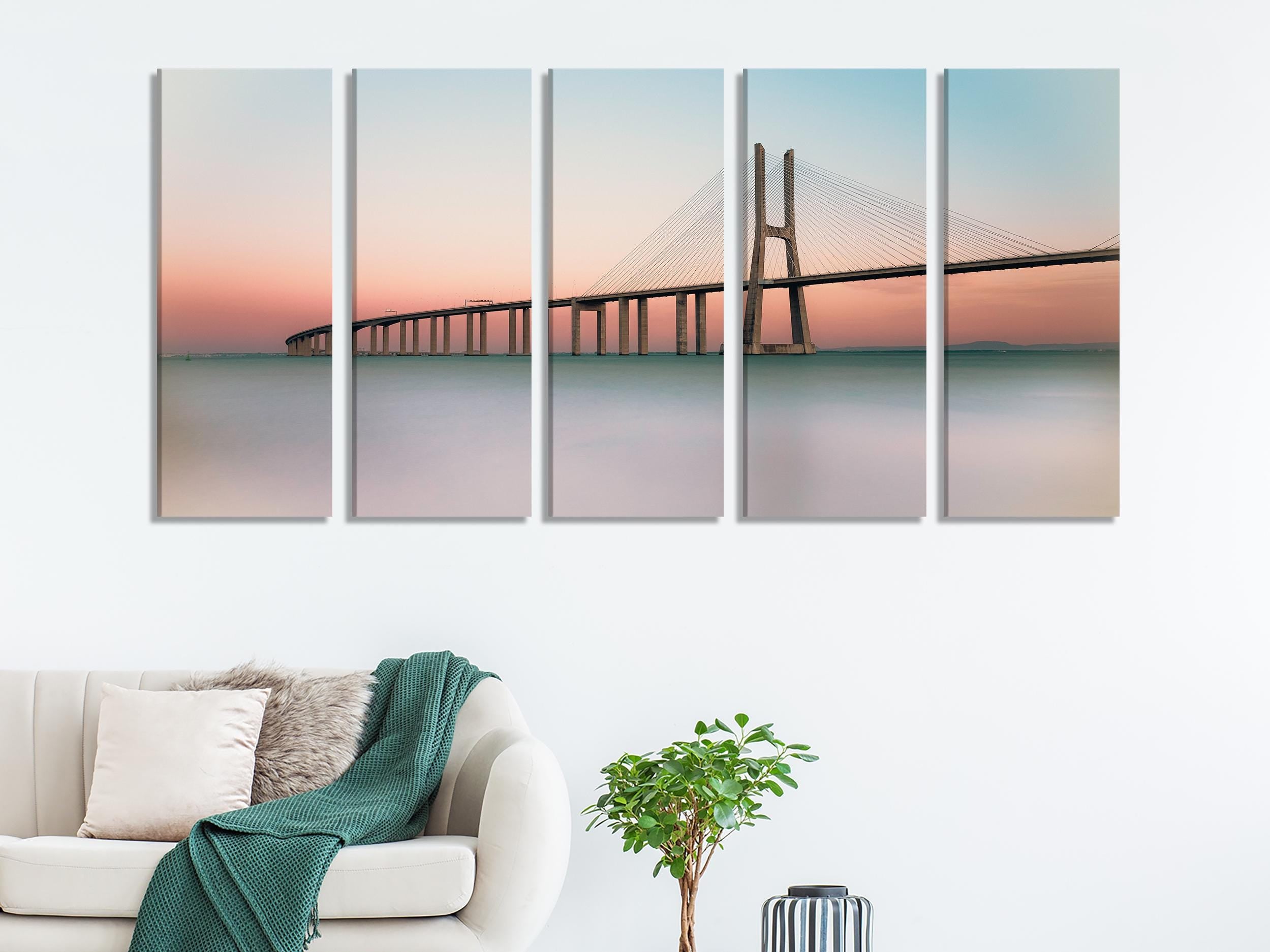 Vasco da Gama Bridge Canvas Print, Large Lisbon Wall Art, Minimalist Sunset Landscape, Modern European Architecture Artwork, Coastal Canvas