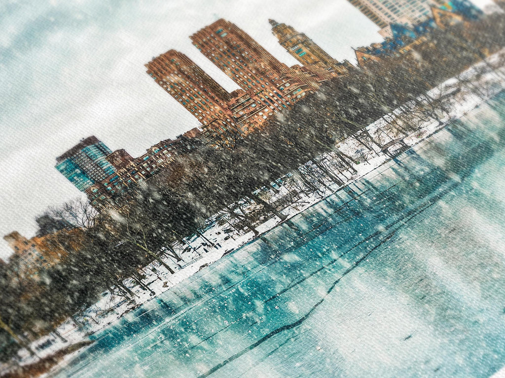 Winter in Central Park Canvas Print, Snowy New York City Landscape Art, Frozen Lake Art, Large Manhattan Wall Decor NYC Skyline Winter Print