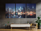 New York City Skyline Canvas Print, Manhattan Nightscape Wall Art, Large Urban Landscape, NYC Skyscrapers Night Artwork, Modern Office Decor