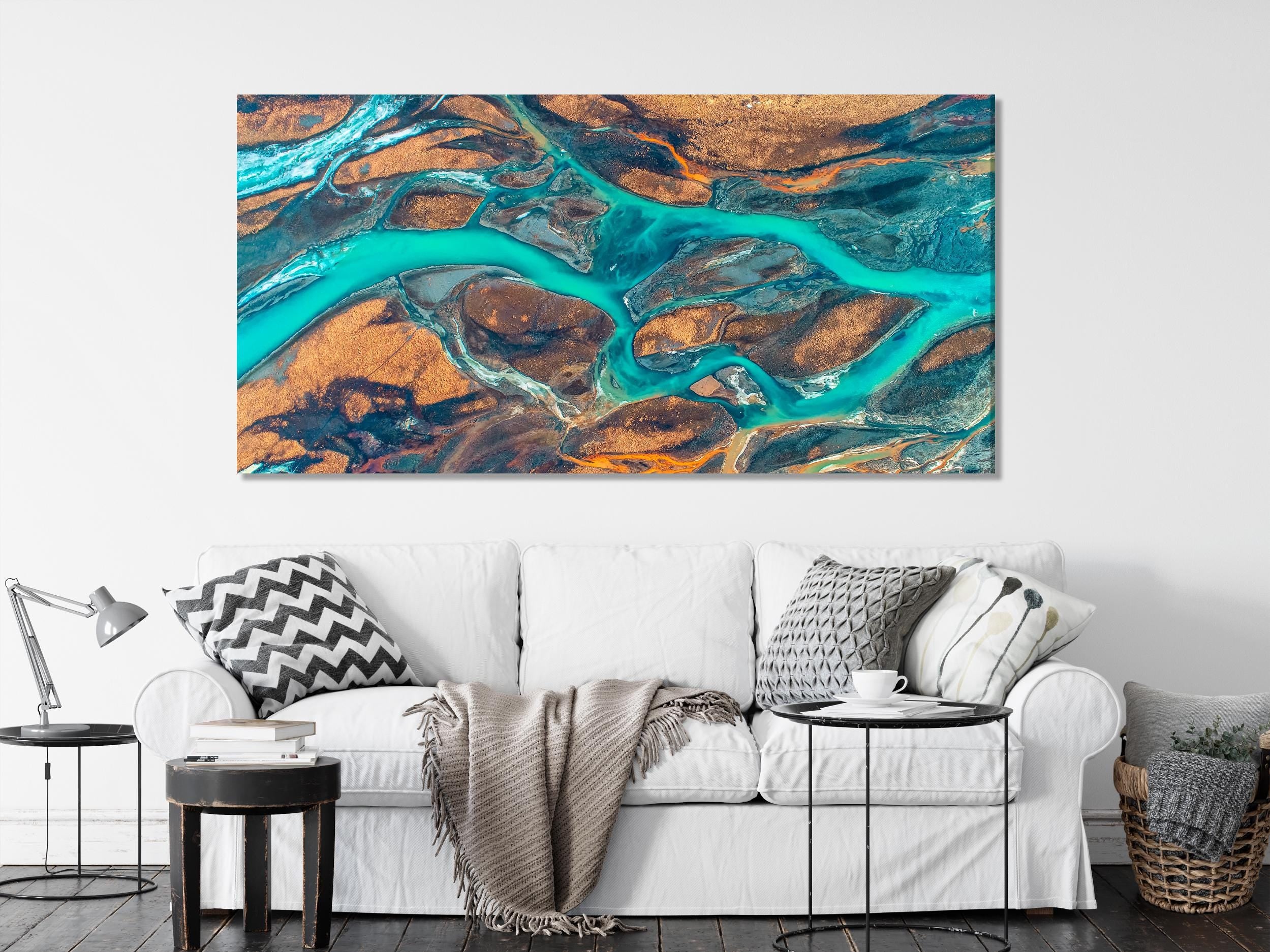 Abstract Landscape Wall Art - Iceland River Aerial Canvas Print, Large 5 Panel River Artwork, Turquoise Water Flow, Earth Tones Nature Decor
