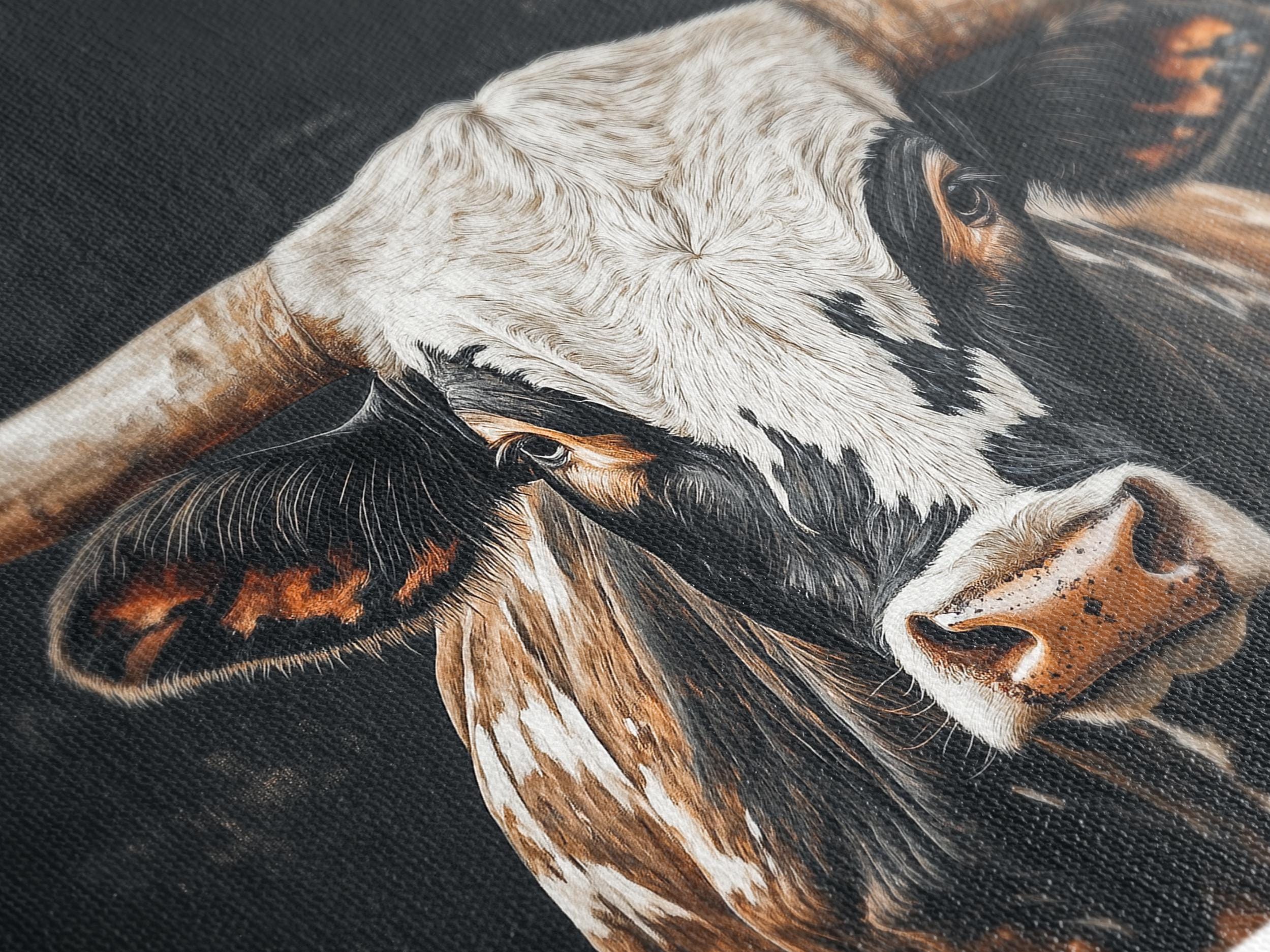 Texas Longhorn Cow Wall Art - Farmhouse Wall Decor, Extra Large Wall Art, Longhorn Cow Print, Rustic Bull Painting Longhorn Cow Canvas Print