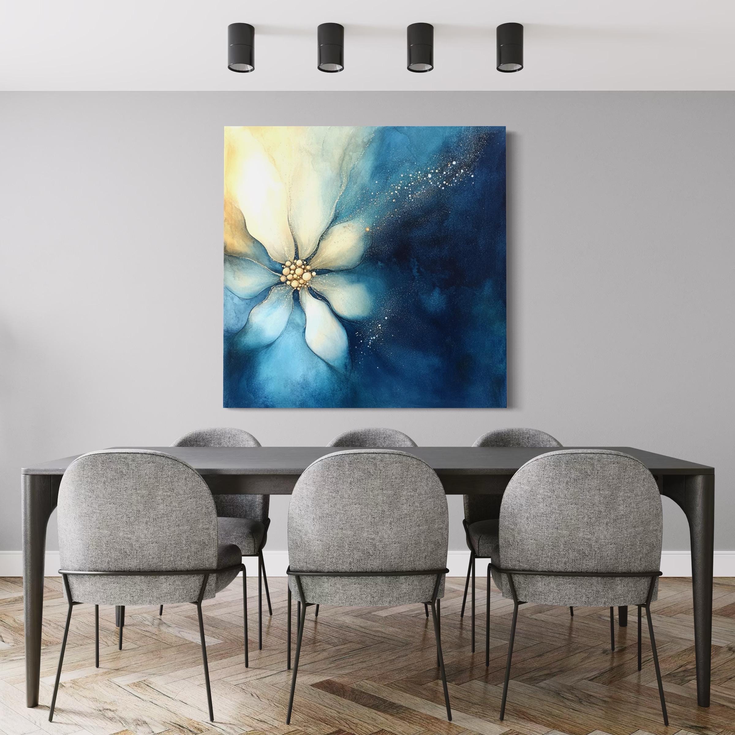 Blue Floral Wall Art - Abstract Flower Canvas, Elegant Watercolor Bloom, Navy and Gold Botanical Painting, Modern Floral Artwork for Kitchen