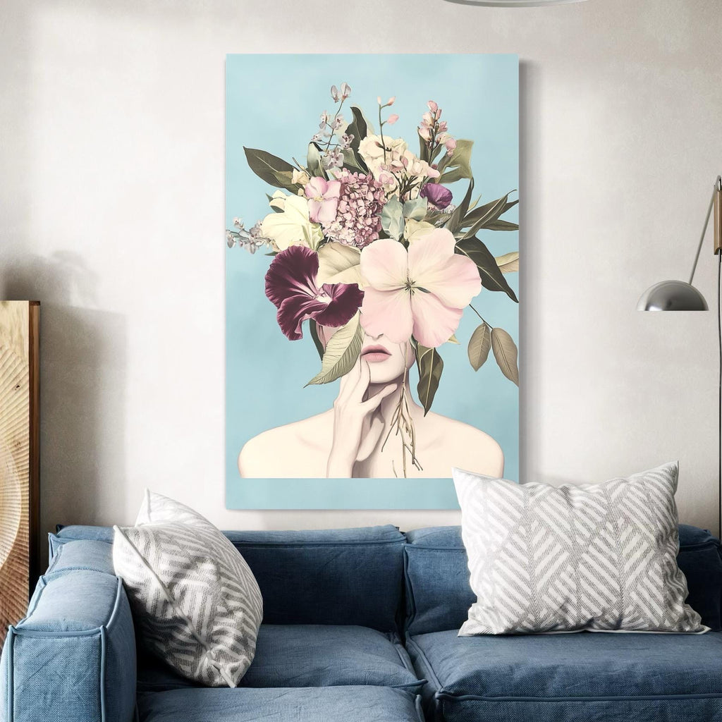 Contemporary pastel floral arrangement merging fashion and nature, portrayed in a serene figure painting suitable for minimalist wall art décor.