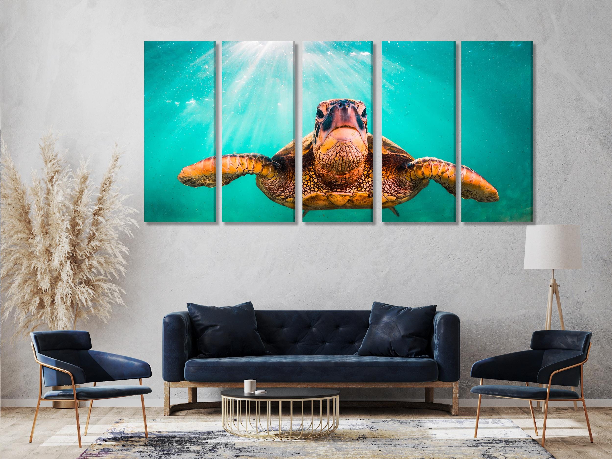 Hawaiian Green Sea Turtle Canvas Art, Pacific Ocean Sea Life Wall Decor, XXL Multi-Panel Turtle Cruising Print, Coastal Beach Home Wall Art
