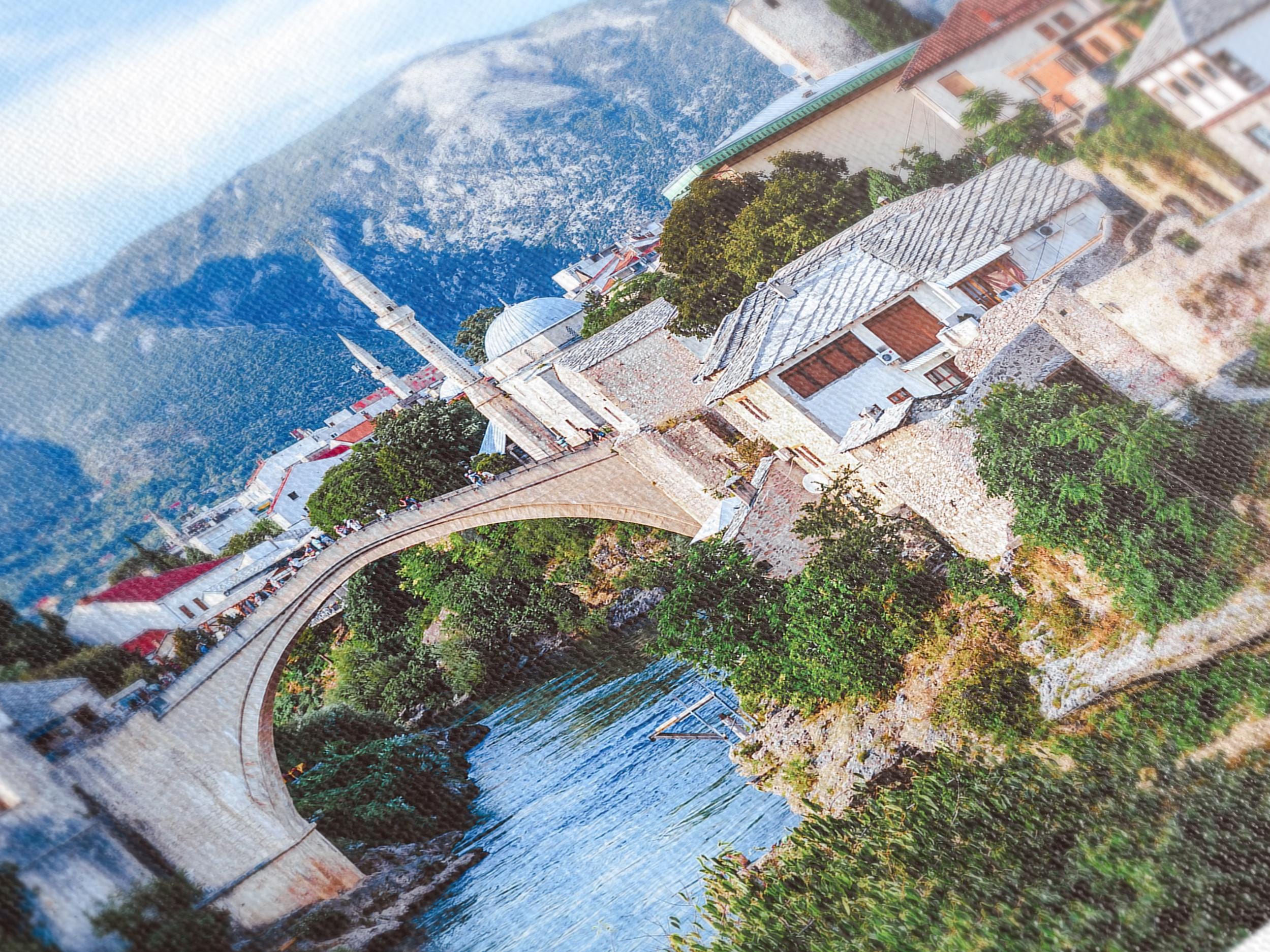 Mostar Old Town Canvas Art Print, Iconic Stari Most Bridge Wall Art, Oversized Bosnia and Herzegovina Landscape Artwork, Rustic Interior Art