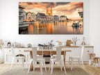 Canvasprint van de Grossmunsterkerk, Stadsgezicht van Zürich aan de muur, Zonsondergang aan de rivier de Limmat, Groot Zwitsers landschapsdecor, Historisch Zürich-kunstwerk