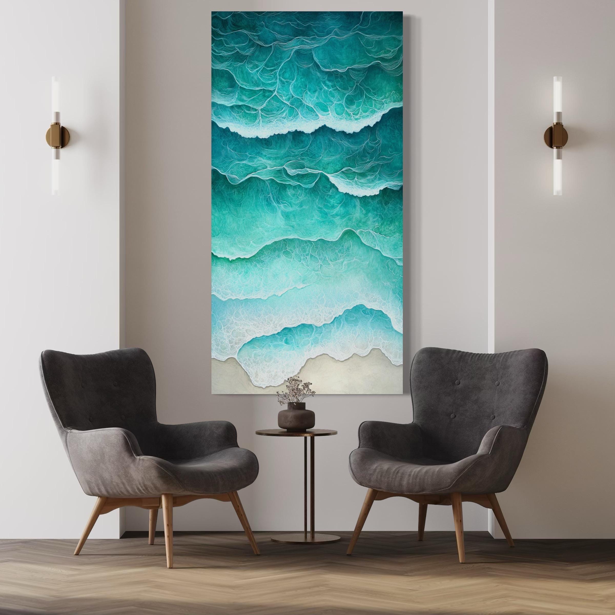Ocean Wave Wall Art - Coastal Beach Canvas, Abstract Sea Foam Print, Abstract Seaside Decor, Large Turquoise Water Painting, Coastal Artwork