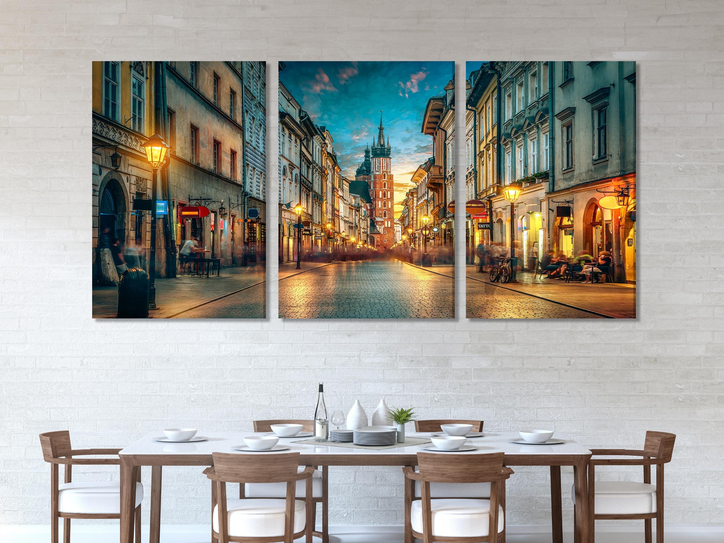 Florianska Street Canvas Print, St. Mary’s Basilica Wall Art, Krakow Old Town Nightscape, XXL Polish City Decor, Downtown Krakow Canvas Art