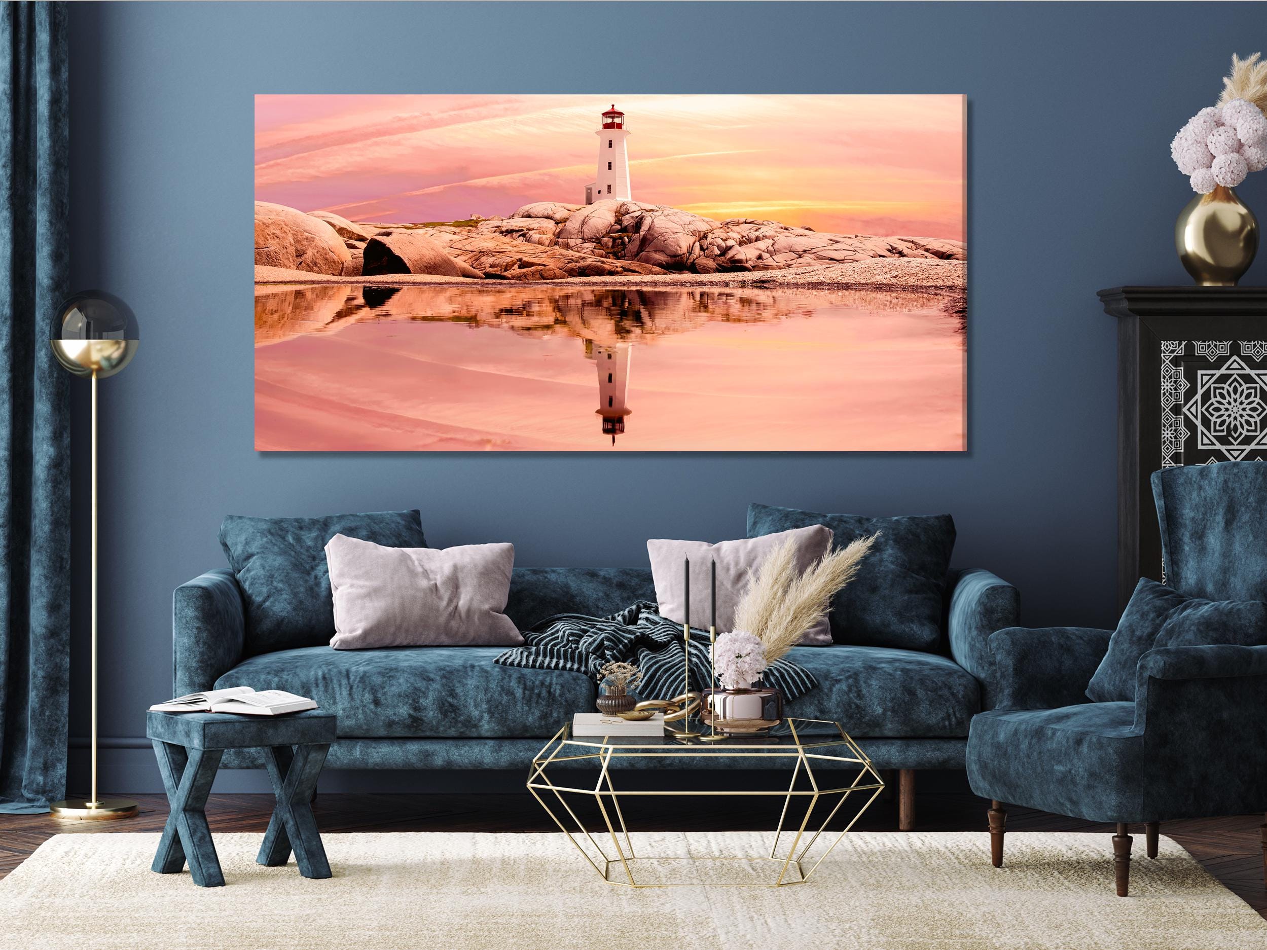 Peggy’s Cove Lighthouse Canvas Print, Large Sunset Wall Art, Oversized Nova Scotia Coastal Artwork for Canadian Home Interior Wall Decor