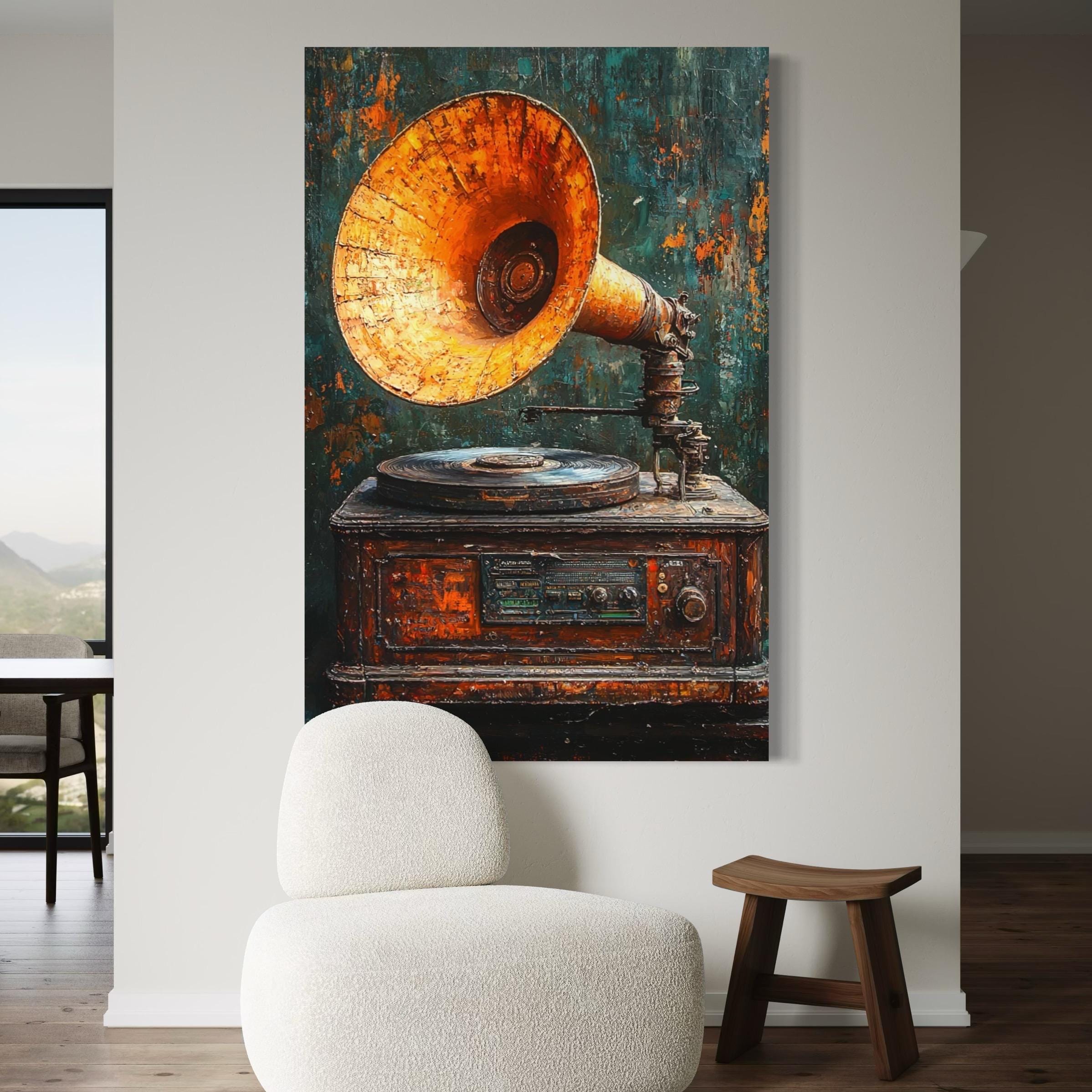 Vintage gramophone wall art with rustic patina and warm tones.