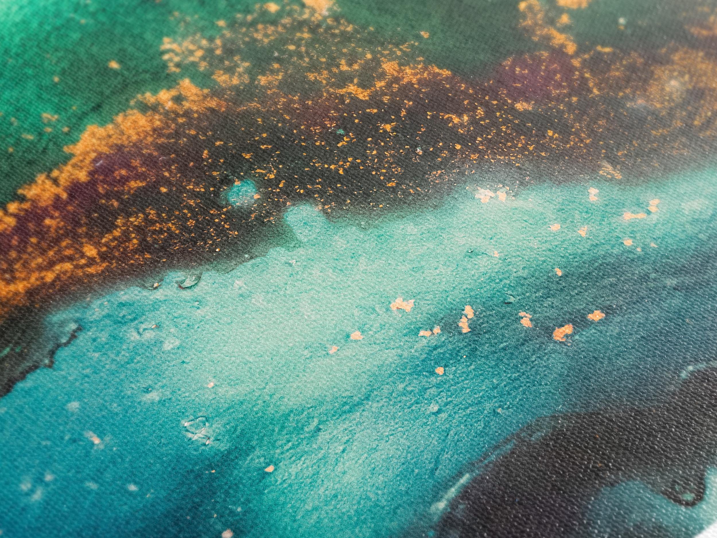 대형 추상 미술 - 청록색 &amp; 에메랄드색 녹색 추상 벽 예술, 황금색 악센트가 있는 추상화, 현대식 다중 패널 추상 미술