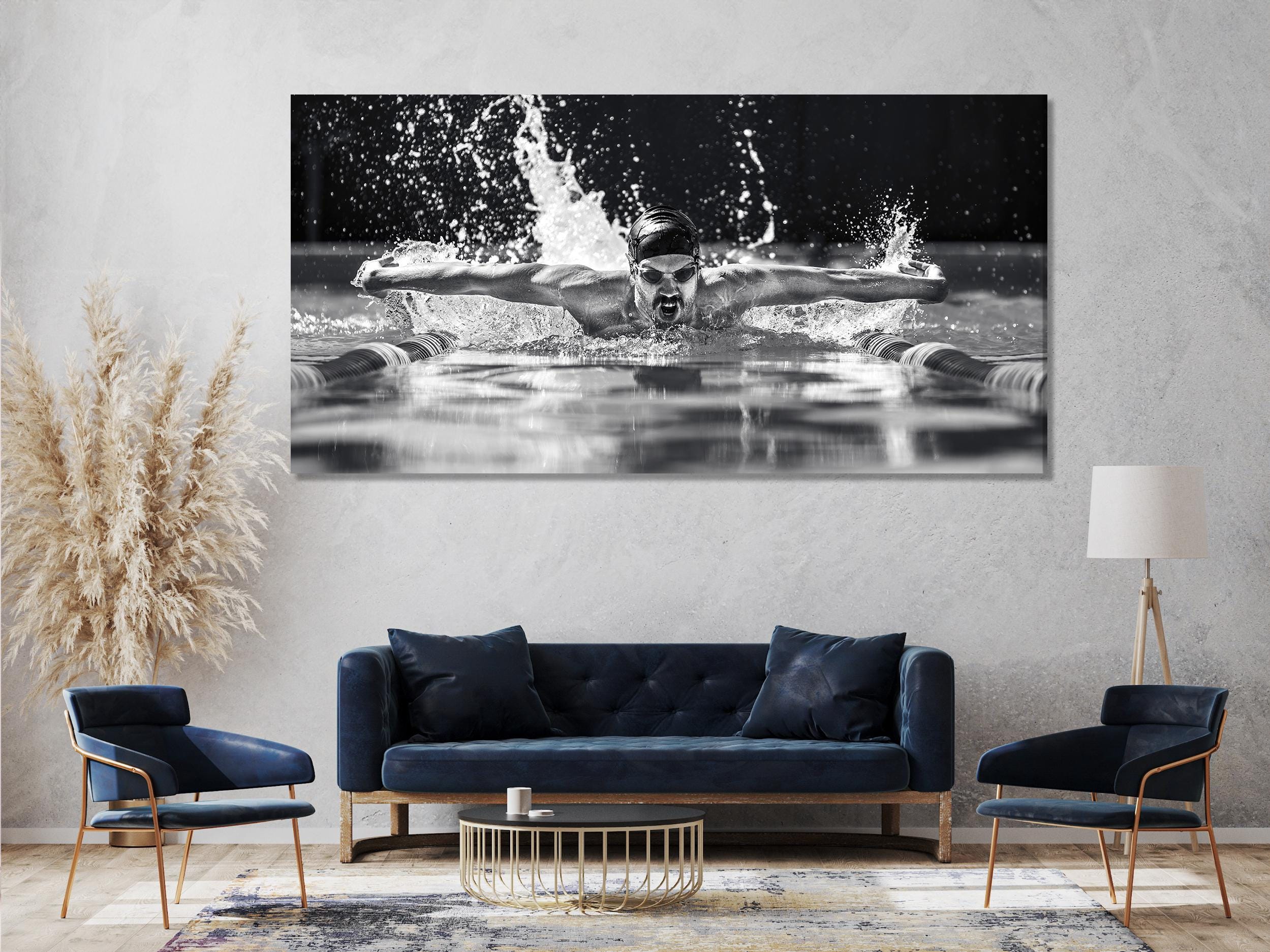 Black and White Swimmer Wall Art, B&W Swimming Canvas Print, Athlete Butterfly Stroke Print, Extra Large Sports Artwork, Sport Themed Print