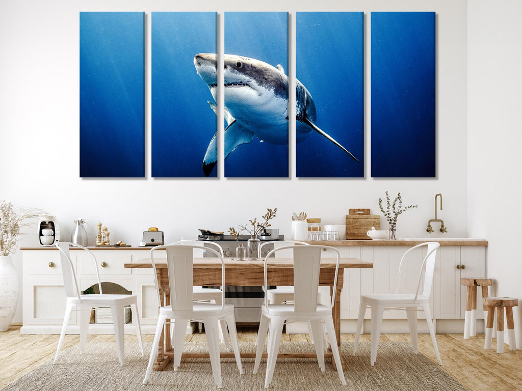 Great White Shark Canvas Print, Large Marine Life Wall Art, Ocean Predator Artwork, Underwater Shark Decor, Extra Large Sea Life Canvas Art