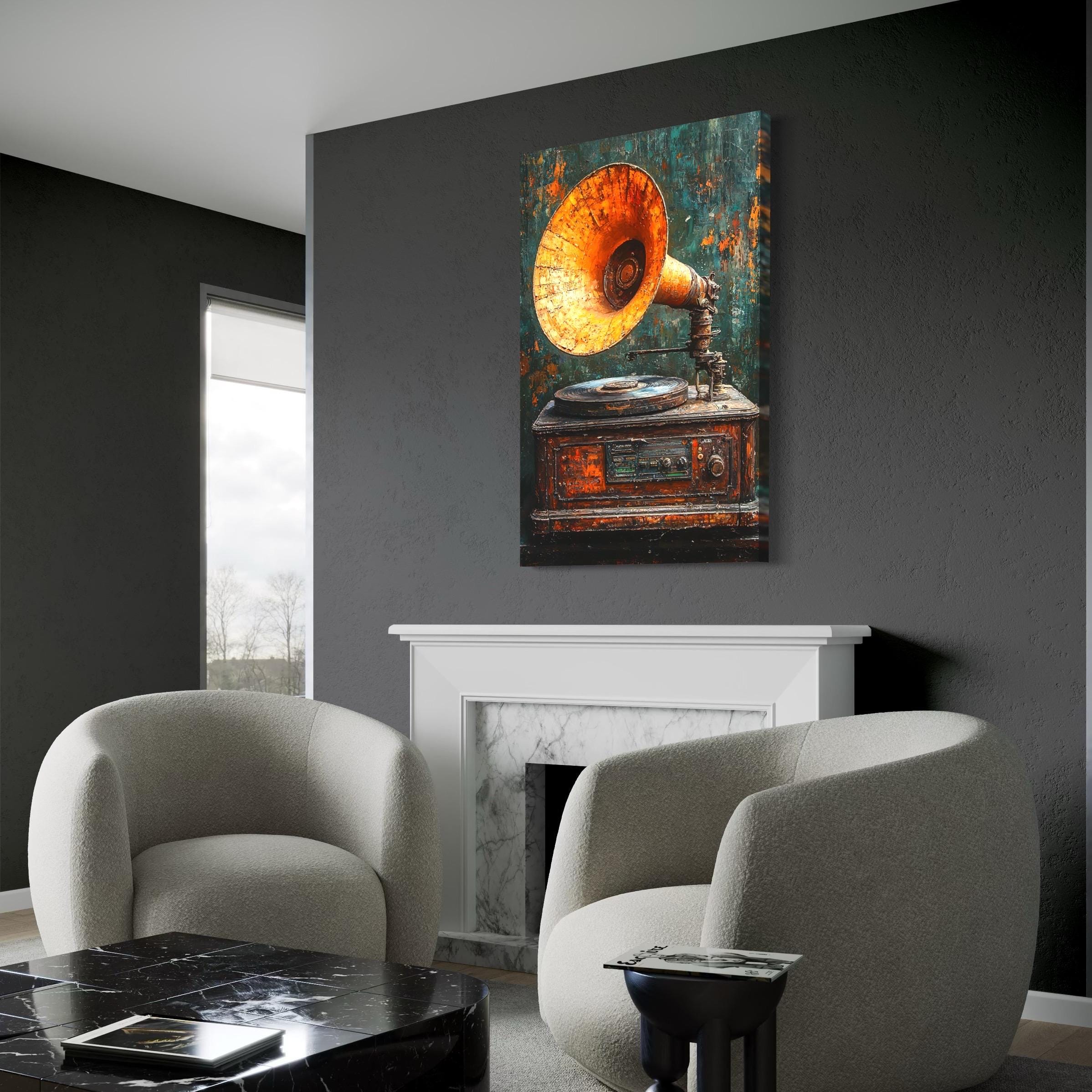 Vintage grammofoon wanddecoratie - rustieke muziekdecoratie, antieke vinylspeler canvas print, retro fonograaf kunstwerk, muzikant cadeau idee