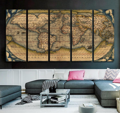 Vintage Weltkarte Wandkunst - Rustikale Büro-Wanddekoration, Weltkarte Leinwanddruck, extra große Wandkunst für Zuhause &amp; Büro Wanddekoration