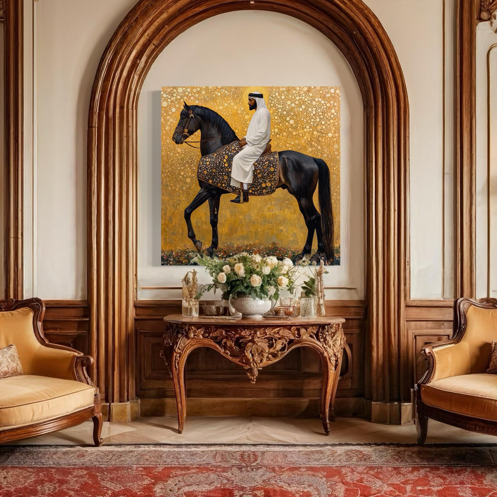 Arabic Wall Art - Black Stallion Canvas Art, Middle Eastern Horseman Painting, Luxury Arab Horse Decor, Gold Islamic Artwork, Horse Wall Art