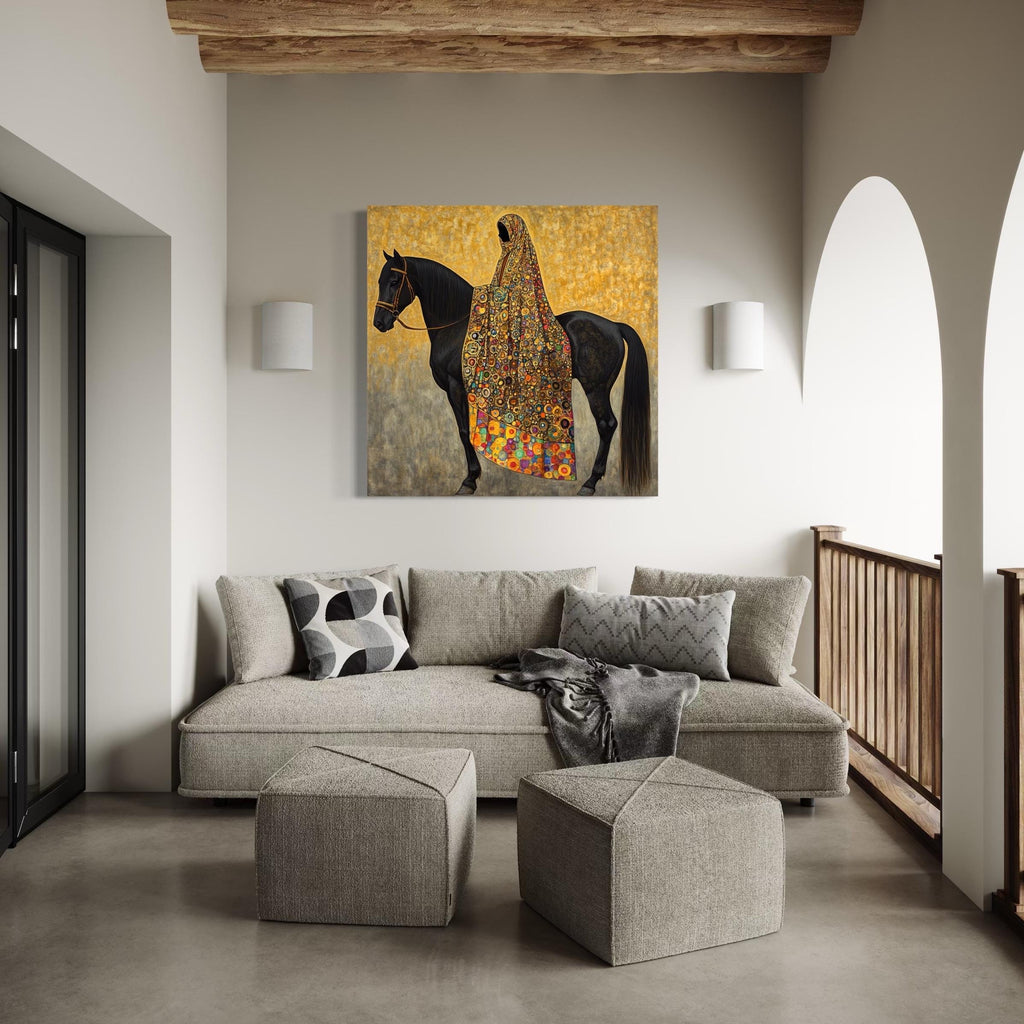 Arabic Wall Art - Black Stallion Canvas Art, Middle Eastern Woman Painting, Luxury Arab Horse Decor, Gold Islamic Artwork, Horse Wall Art