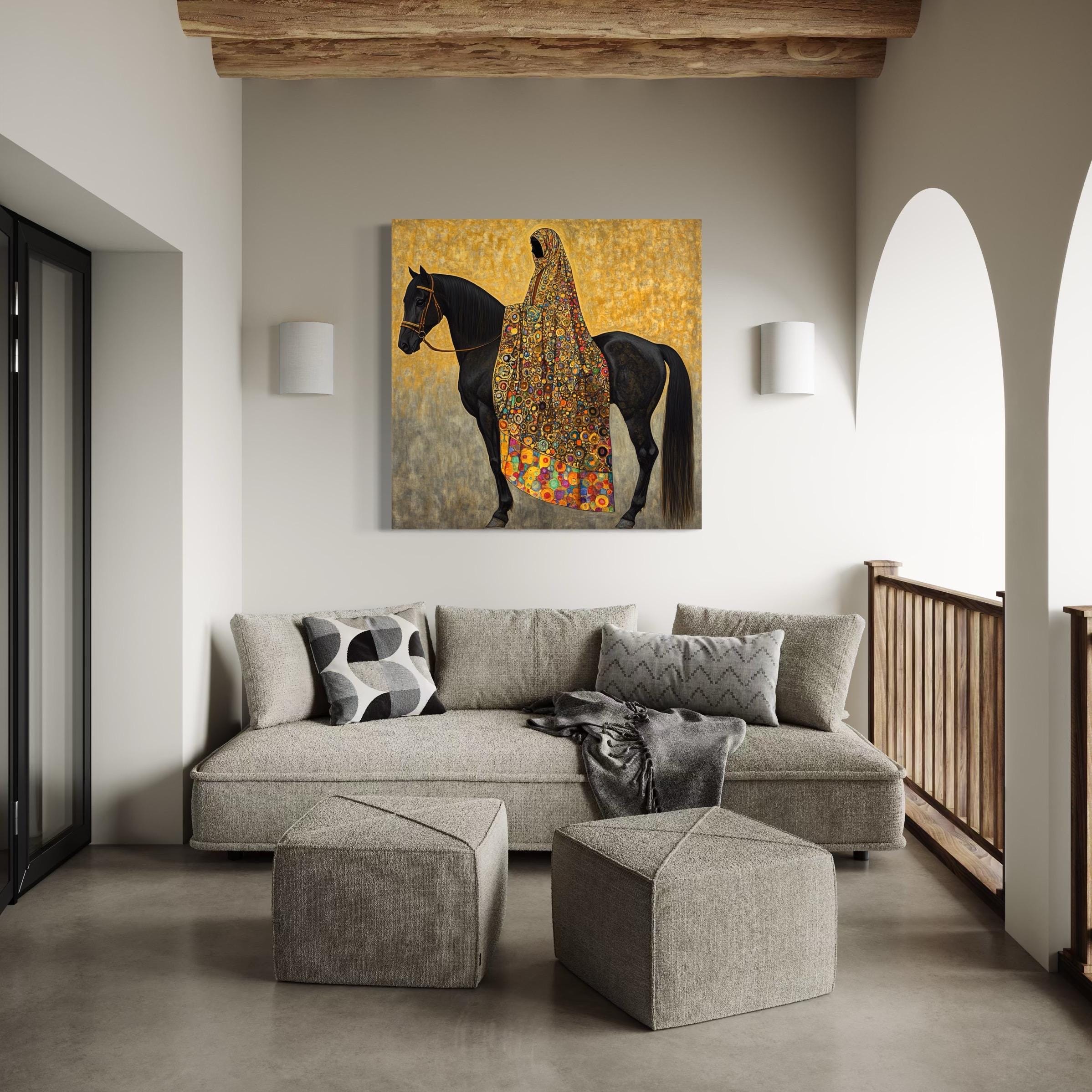 Arabic Wall Art - Black Stallion Canvas Art, Middle Eastern Woman Painting, Luxury Arab Horse Decor, Gold Islamic Artwork, Horse Wall Art