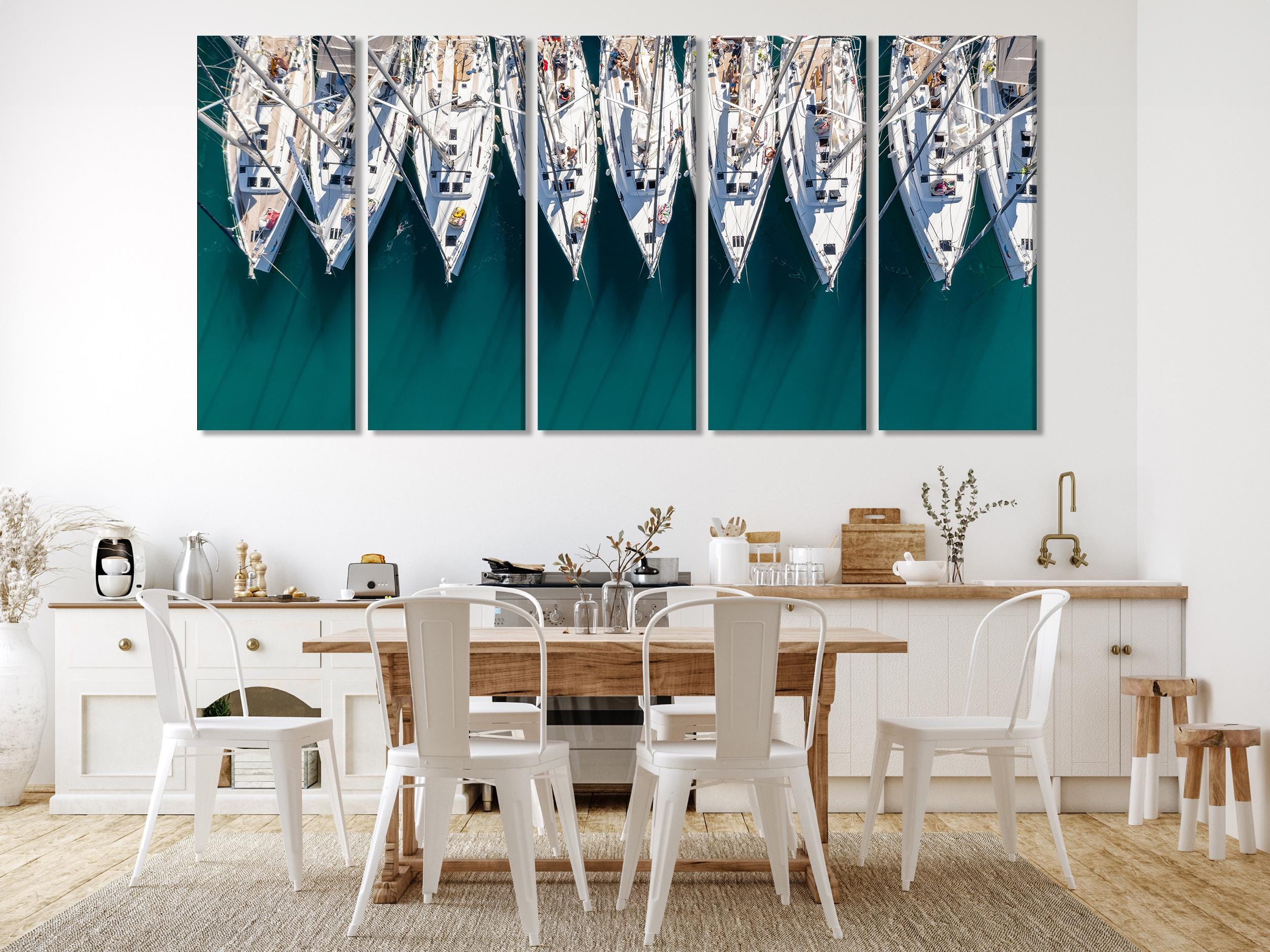 Nautical Boats Aerial View Canvas Wall Art, 5-Panel Coastal Decor, Yacht Marina Print, Modern Sailing Wall Art for Living Room or Dining