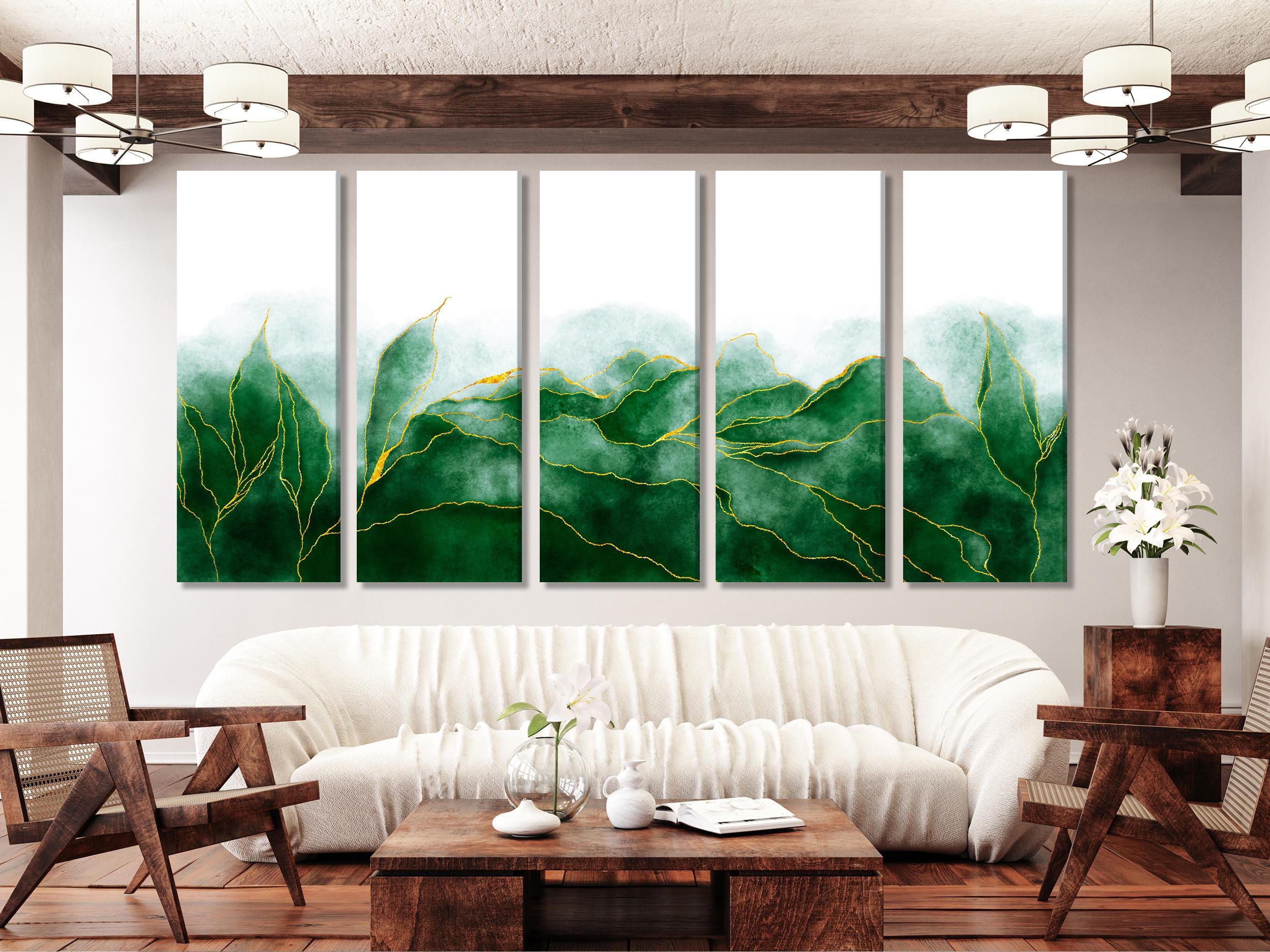 Aquarel groen en goud drieluik canvas print met abstracte natuur en gebarsten marmerkunst - moderne wandkunst voor thuis en op kantoor