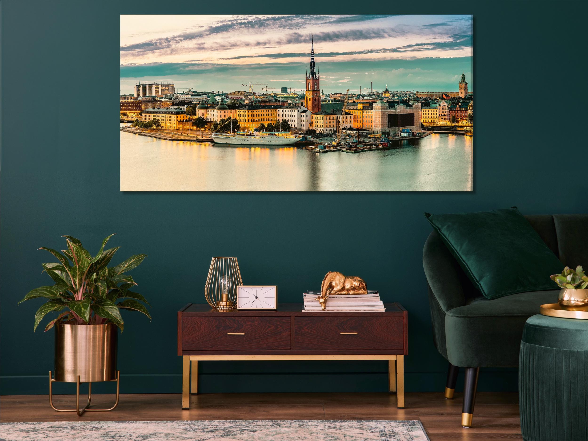 Stockholm Cityscape Canvas Print, Large Scandinavian Wall Art, Sunset Waterfront Artwork, Modern Art Print, Urban Wall Decor for Home