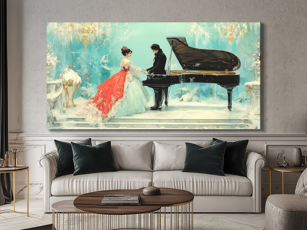 Elegant couple in snowy palace with grand piano wall art above white sofa