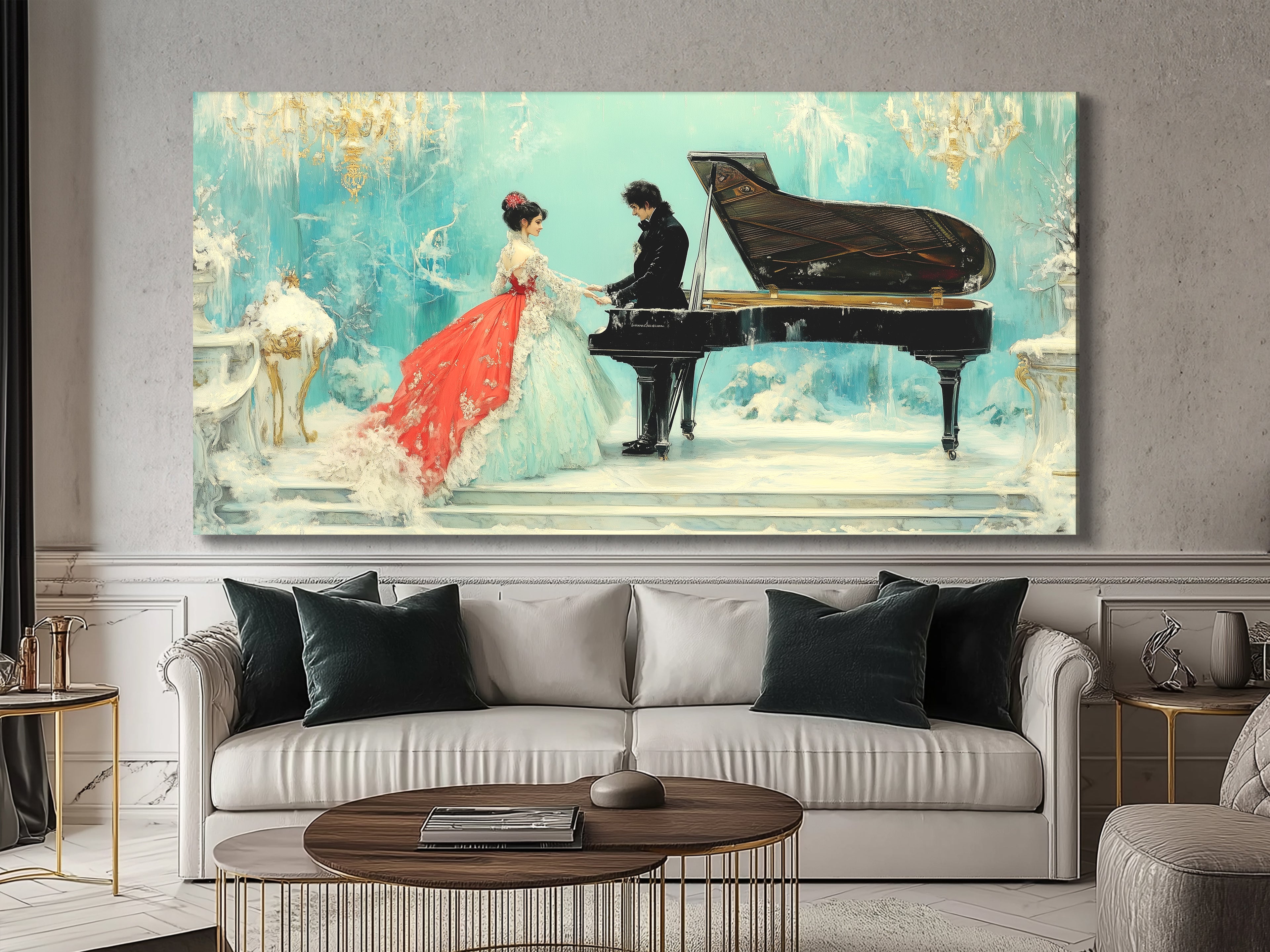 Elegant couple in snowy palace with grand piano wall art above white sofa