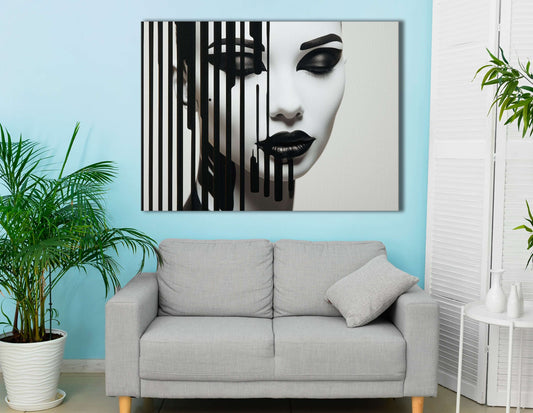 Elegant Geisha Portrait with Black and White Stripes - Canvas Print - Artoholica Ready to Hang Canvas Print